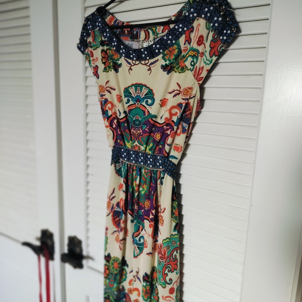 Boho Floral Cream Maxi Dress with Navy Trim